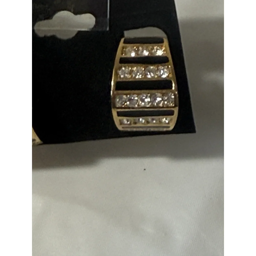 Vintage Christian Dior Gold Tone Black Rhinestone Hoop Clip On Earrings - Picture 10 of 16